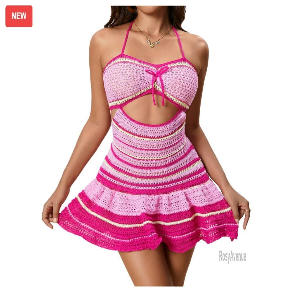 Summer Crochet Halter Dress with Ruffle Hem and Tie Back